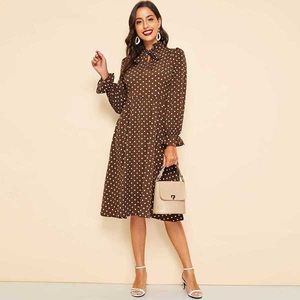 SHEIN brown and white polka dot long sleeve dress